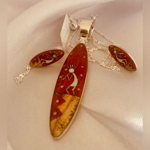 Coral & Multi Gemstone Kokopelli Earrings and Pendant on 24" adjustable SS Chain